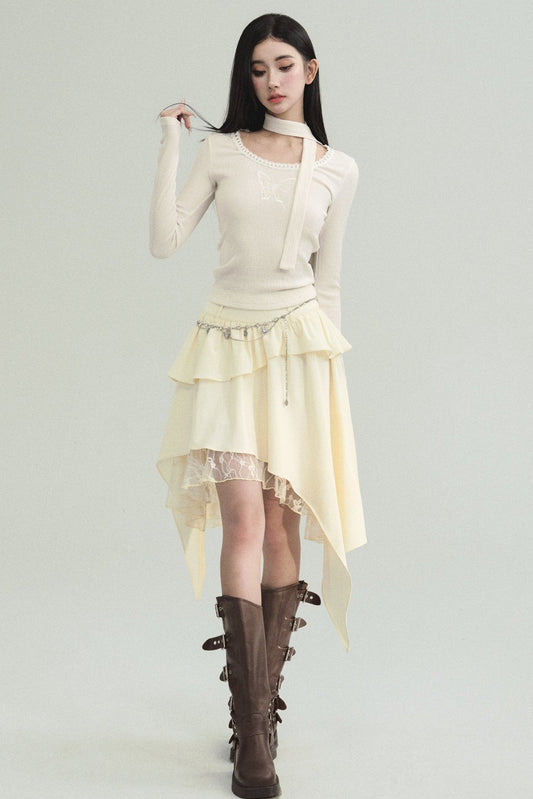 Ethereal Ivory Ensemble: Asymmetric Ruffled Midi Skirt & Choker-Neck Fitted Sweater Set