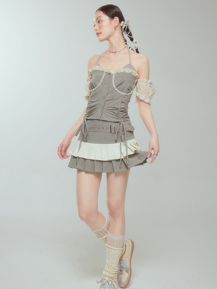 Pleated Cake Skirt With Halter Neck Suspender Top