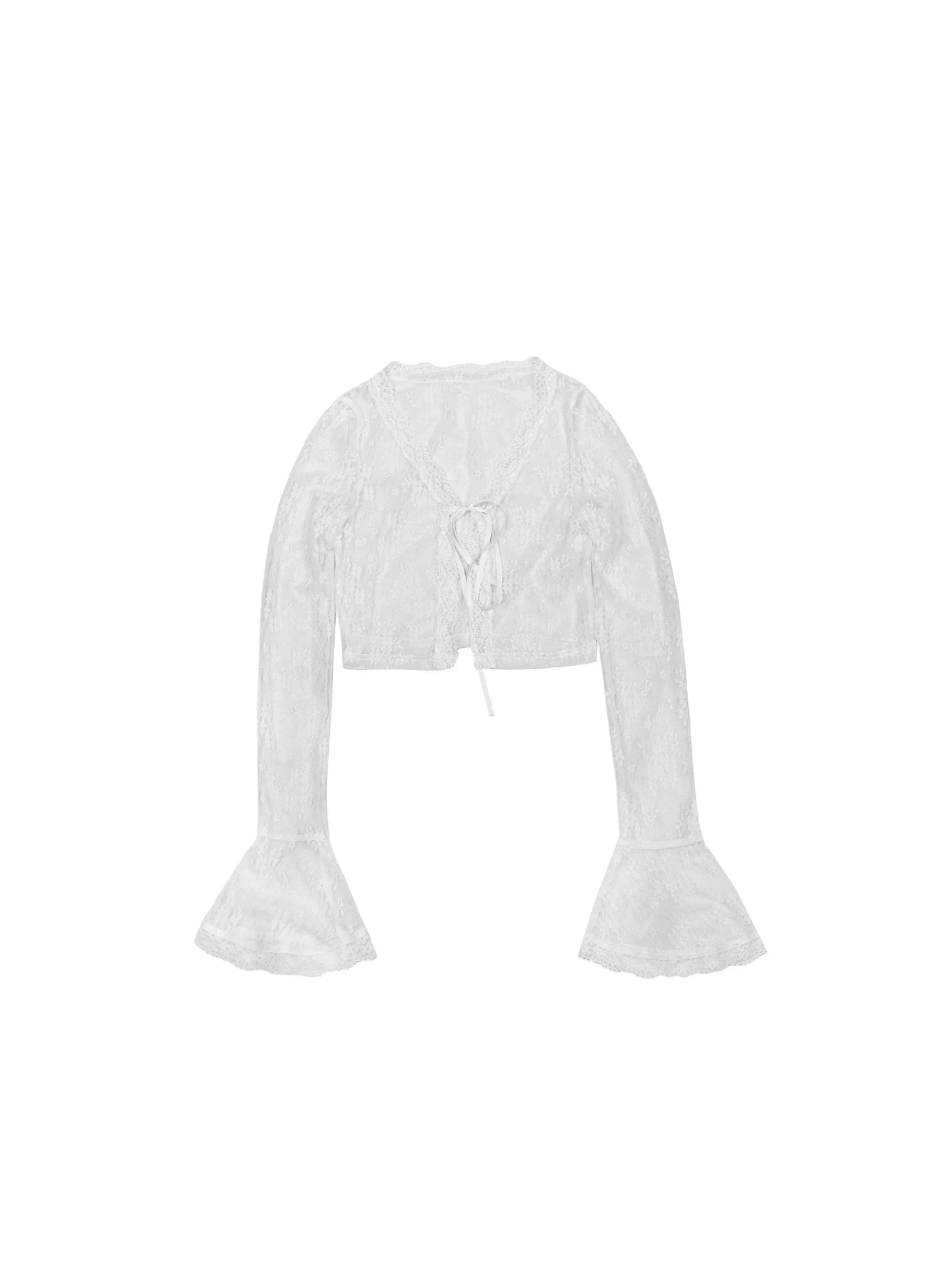 Romantic Lace Bolero with Bell Sleeves: Elegant Cropped Cardigan in White and Black