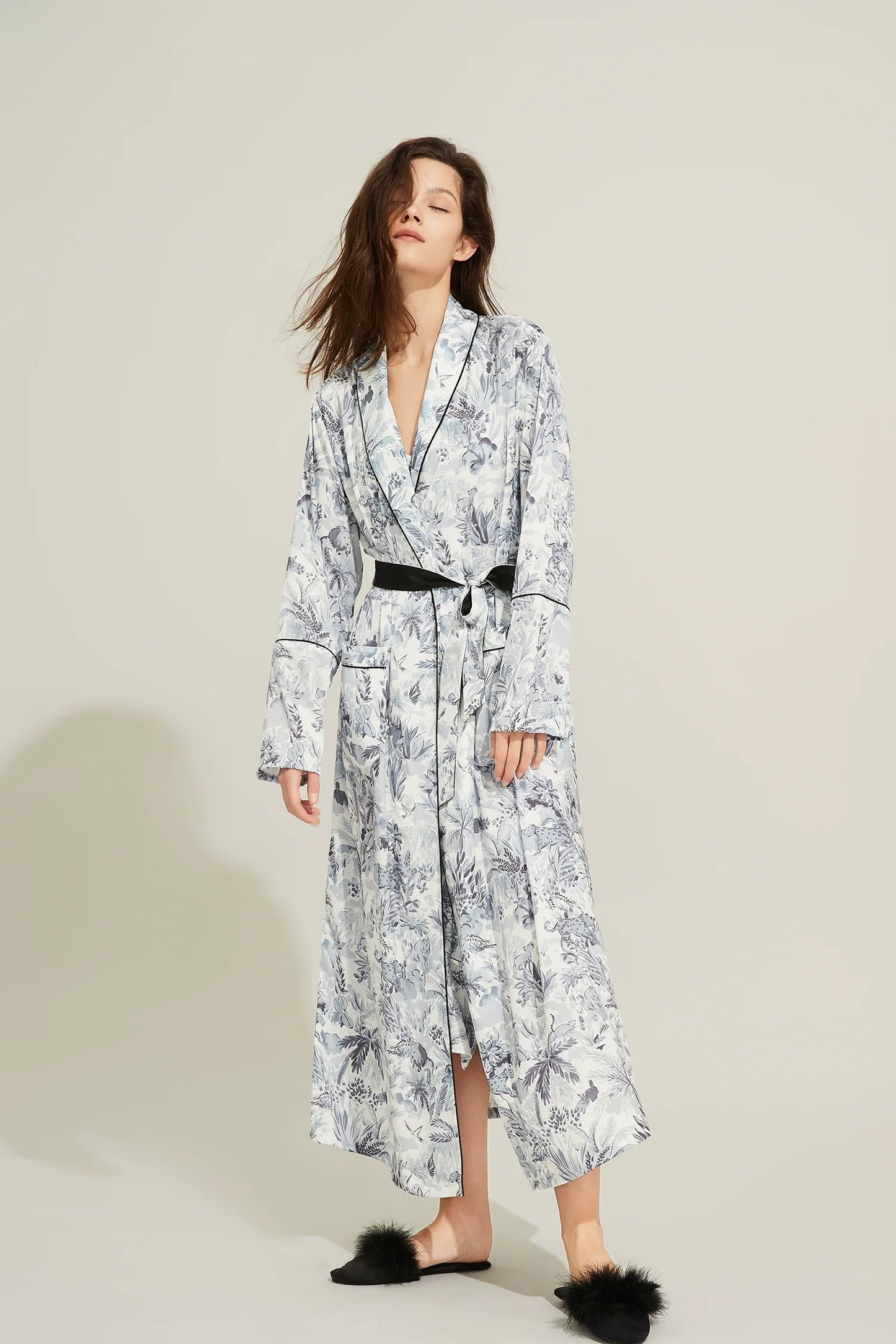 Silk Thin Long Robe With Tie Waist Sleepwear