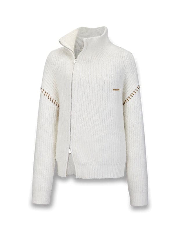 Slant Zip-Up High Neck Knitted Jacket