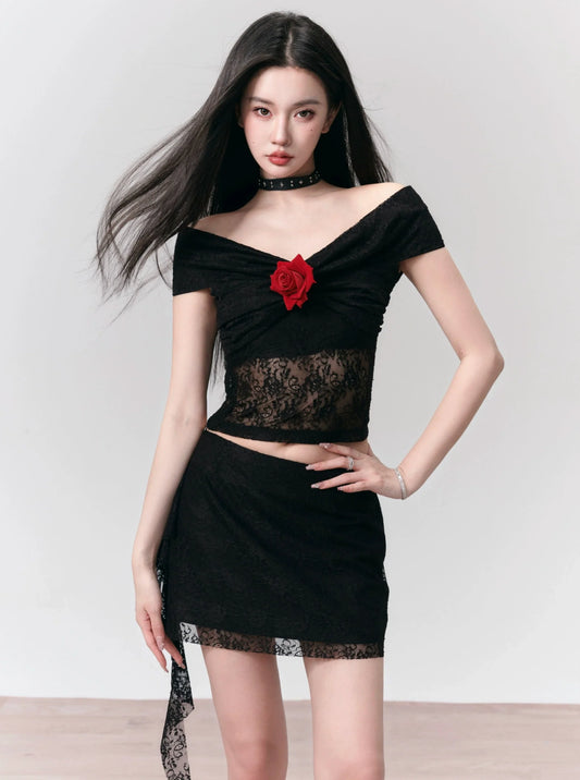 Rose Embellished Off-Shoulder Lace Crop Top and Asymmetric Lace Mini Skirt Set