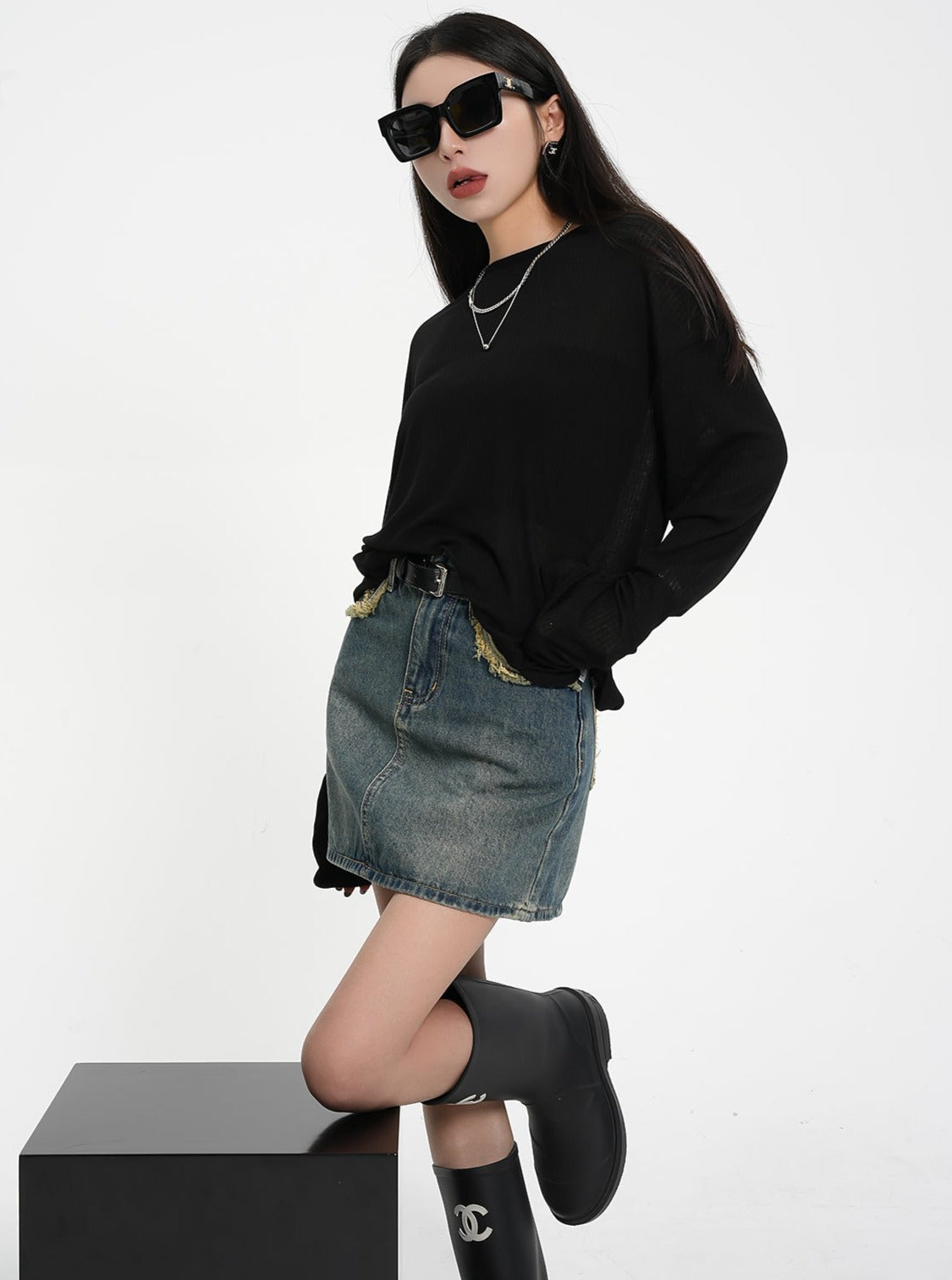 Vintage-Inspired Denim Mini Skirt - Two-Tone Patchwork Jean Skirt with Raw Hem