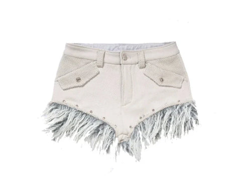 ARIADNAw Feather-Trim Denim Shorts - Off-White (Women's)