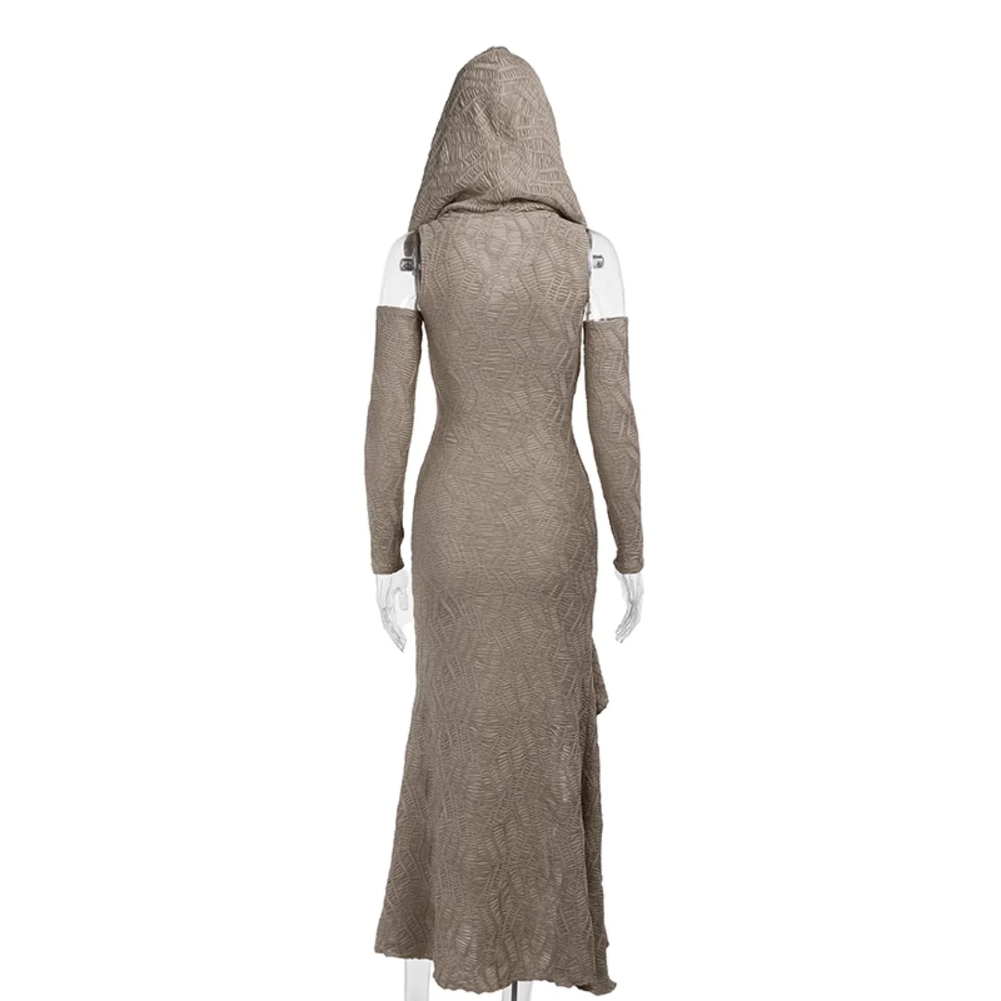 Wannathis Avant-Garde Hooded Maxi Dress - Taupe Cold Shoulder Gown With Ruffle Detail