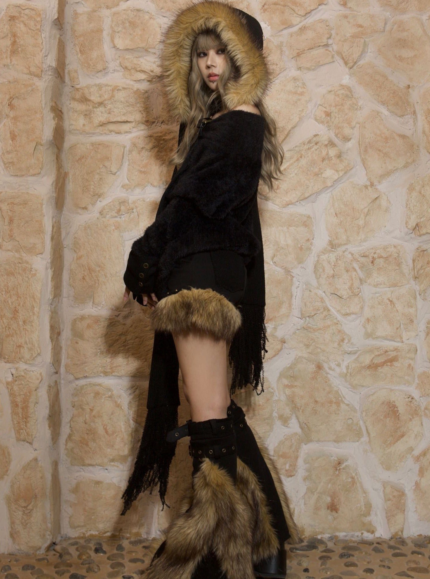 ARIADNAw Fur-Trimmed Boho Mini Skirt with Knee-High Boots - Black/Tan (Women's)