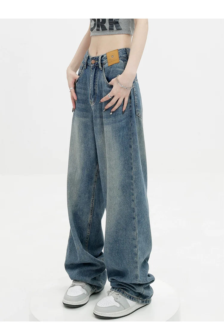 Blue Retro Loose Straight-Leg High-Waist Floor-Length Jeans