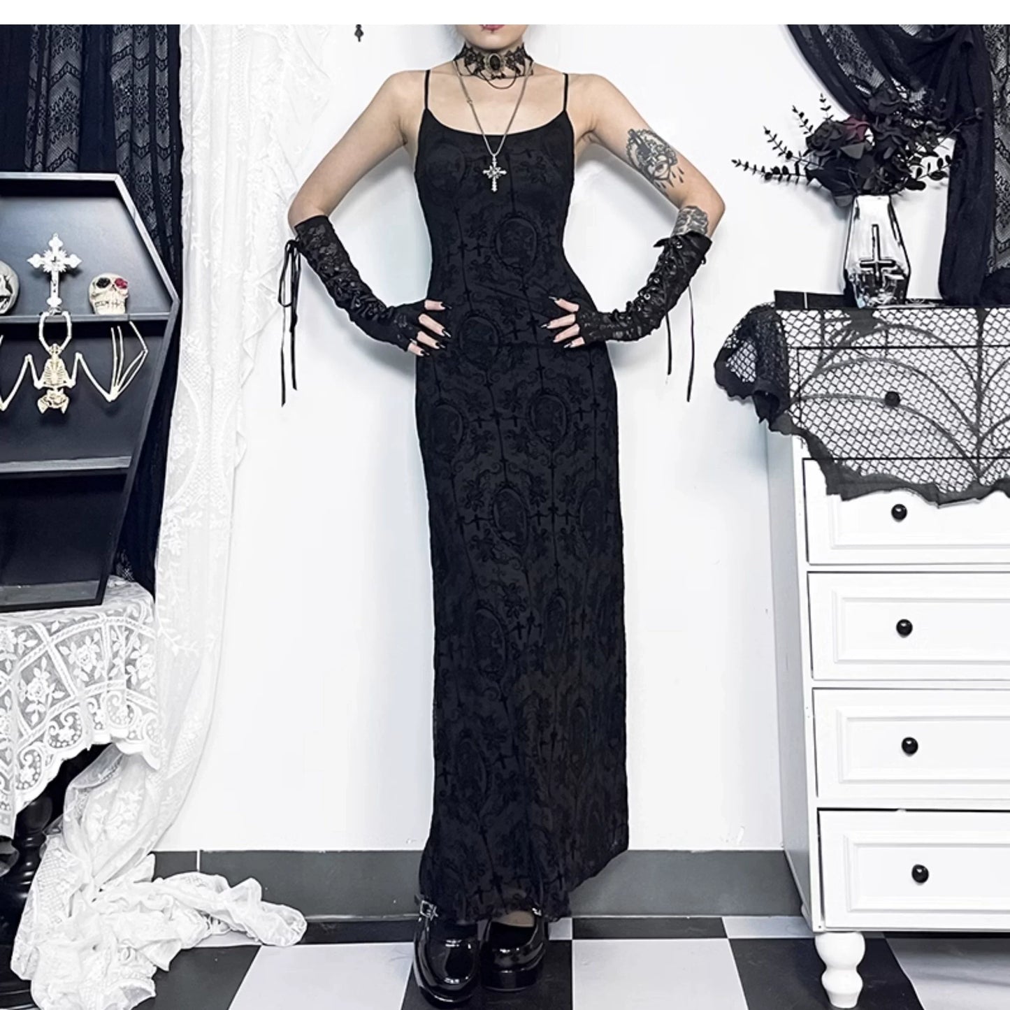 Wannathis Gothic Velvet Maxi Dress - Black Spaghetti Strap Burnout Gown With Lace-Up Arm Warmers