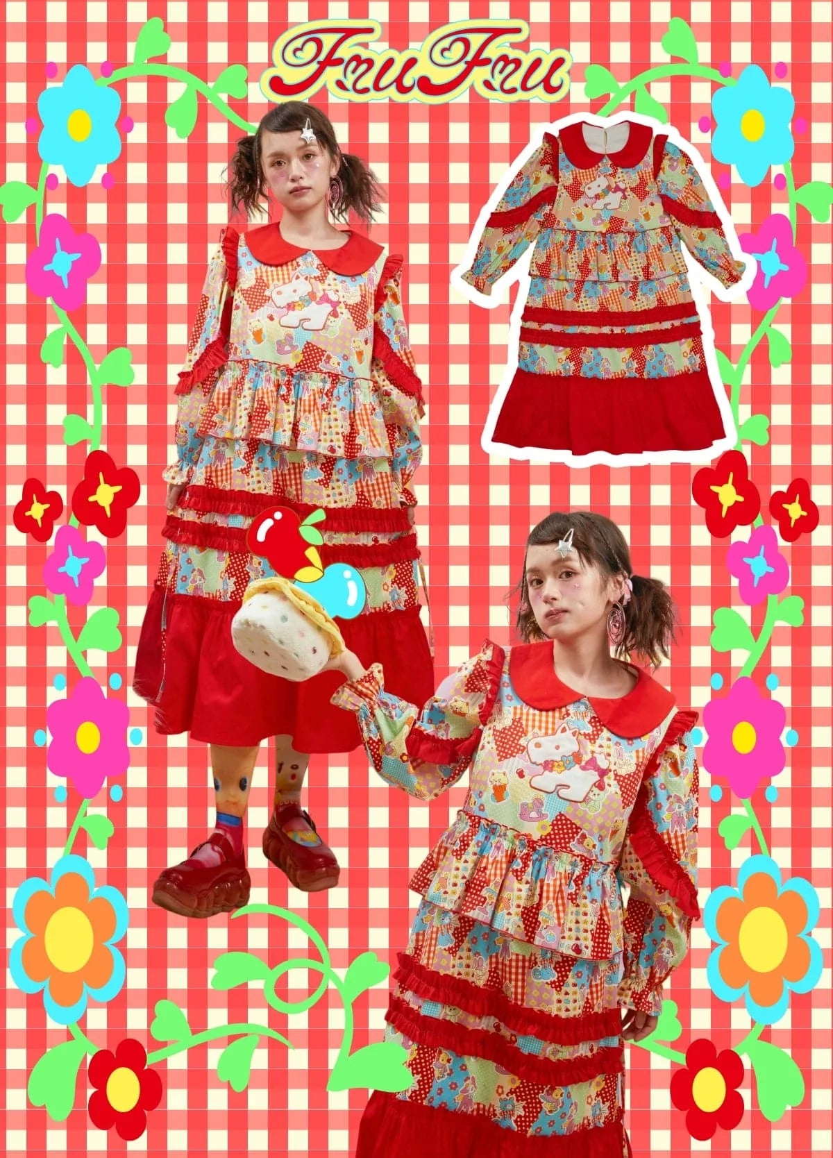 Red Plaid Doll Collar Printed Thickened Cartoon Dress