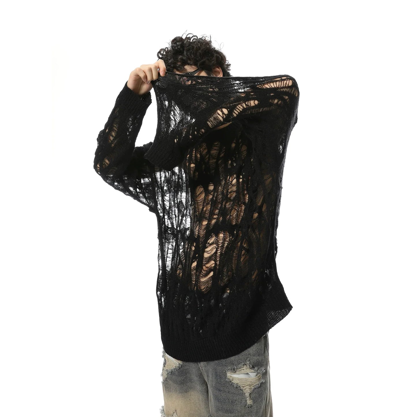 Sheer Distressed Black Sweater