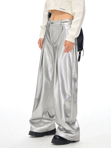 Pu Leather Loose Wide-Leg Casual Pants