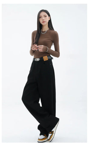 Blue Retro Loose Straight-Leg High-Waist Floor-Length Jeans