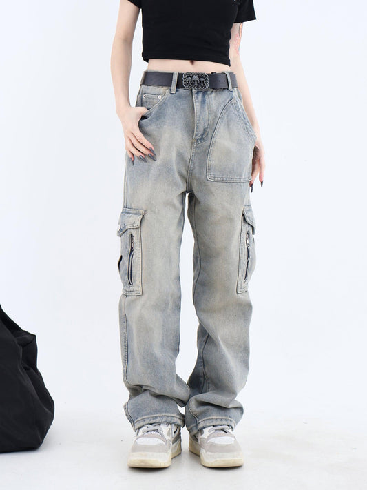 Vintage Wash Cargo Jeans With Multiple Pockets
