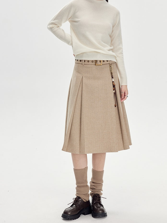 Beige Pleated Midi Skirt With Wide Belt - Wool Blend A-Line Winter Skirt