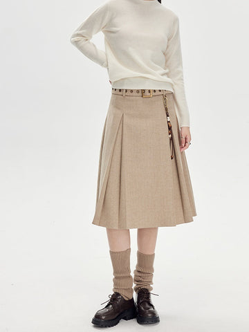 Beige Pleated Midi Skirt With Wide Belt - Wool Blend A-Line Winter Skirt