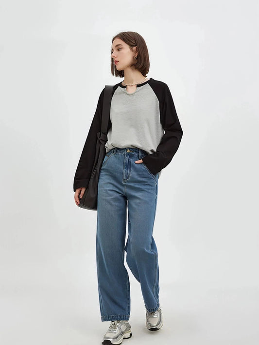 Black And White Contrast U-Neck Drop Shoulder T-Shirt