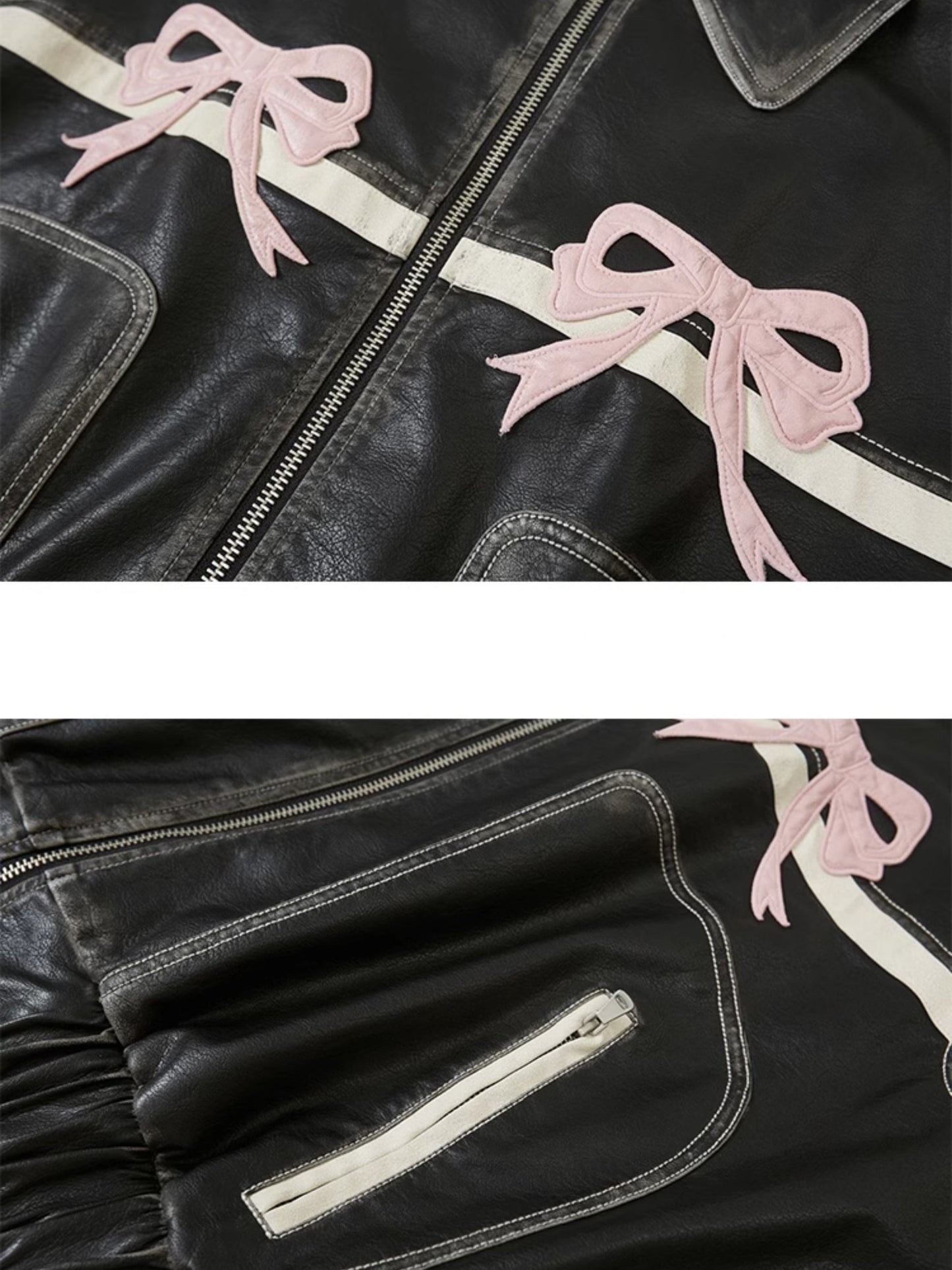 Retro Color-Painted Leather Jacket With Bowknot Detail