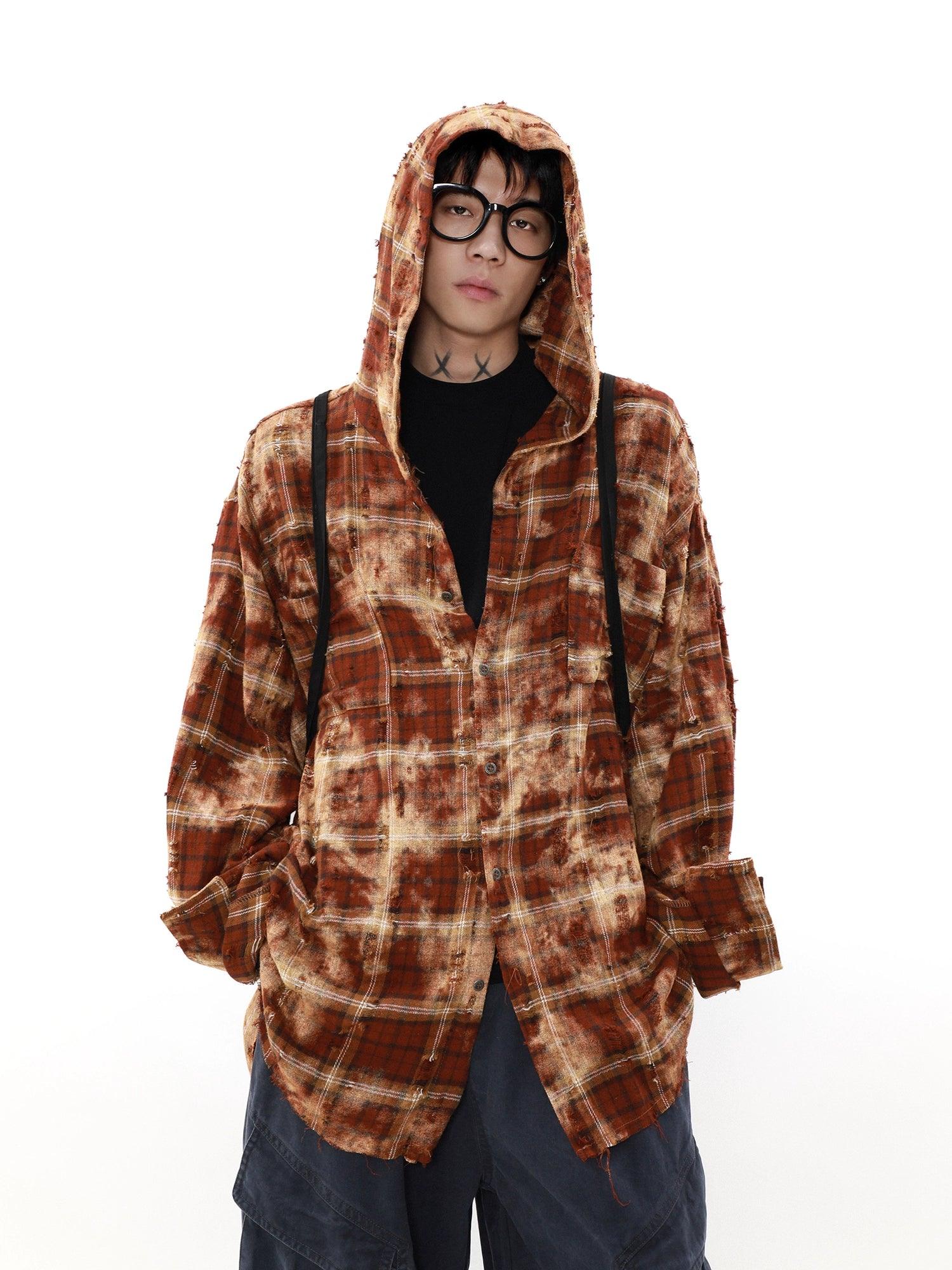 Mrnearly Distressed Plaid Hooded Overshirt - Unisex Grunge-Inspired Outerwear