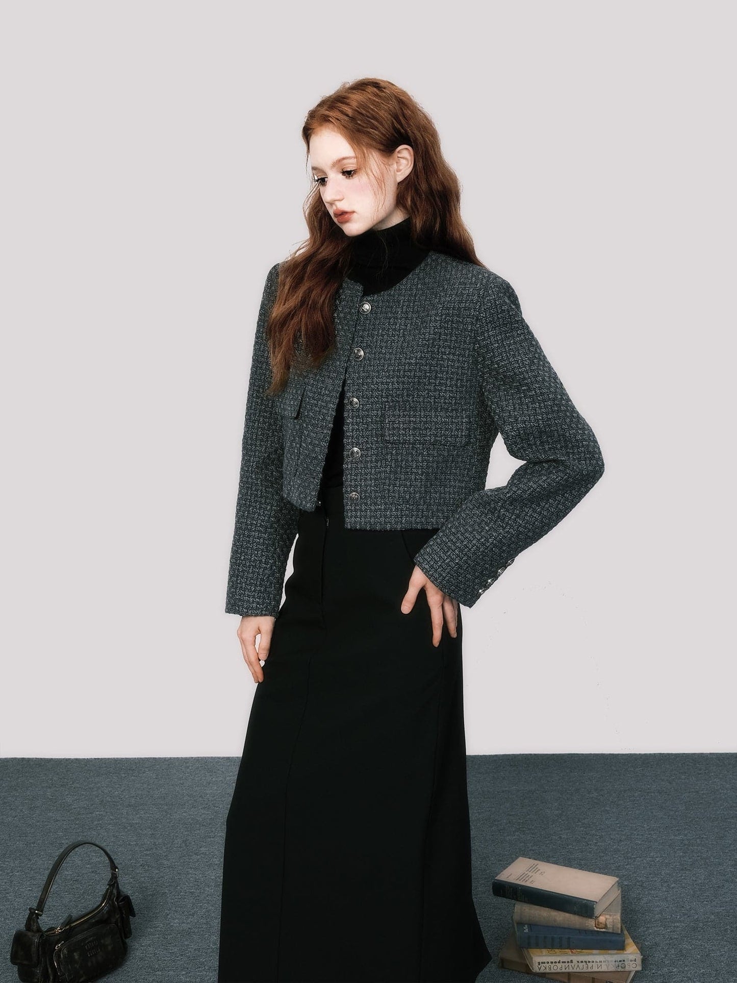 Sleek No-Collar Tweed Short Jacket