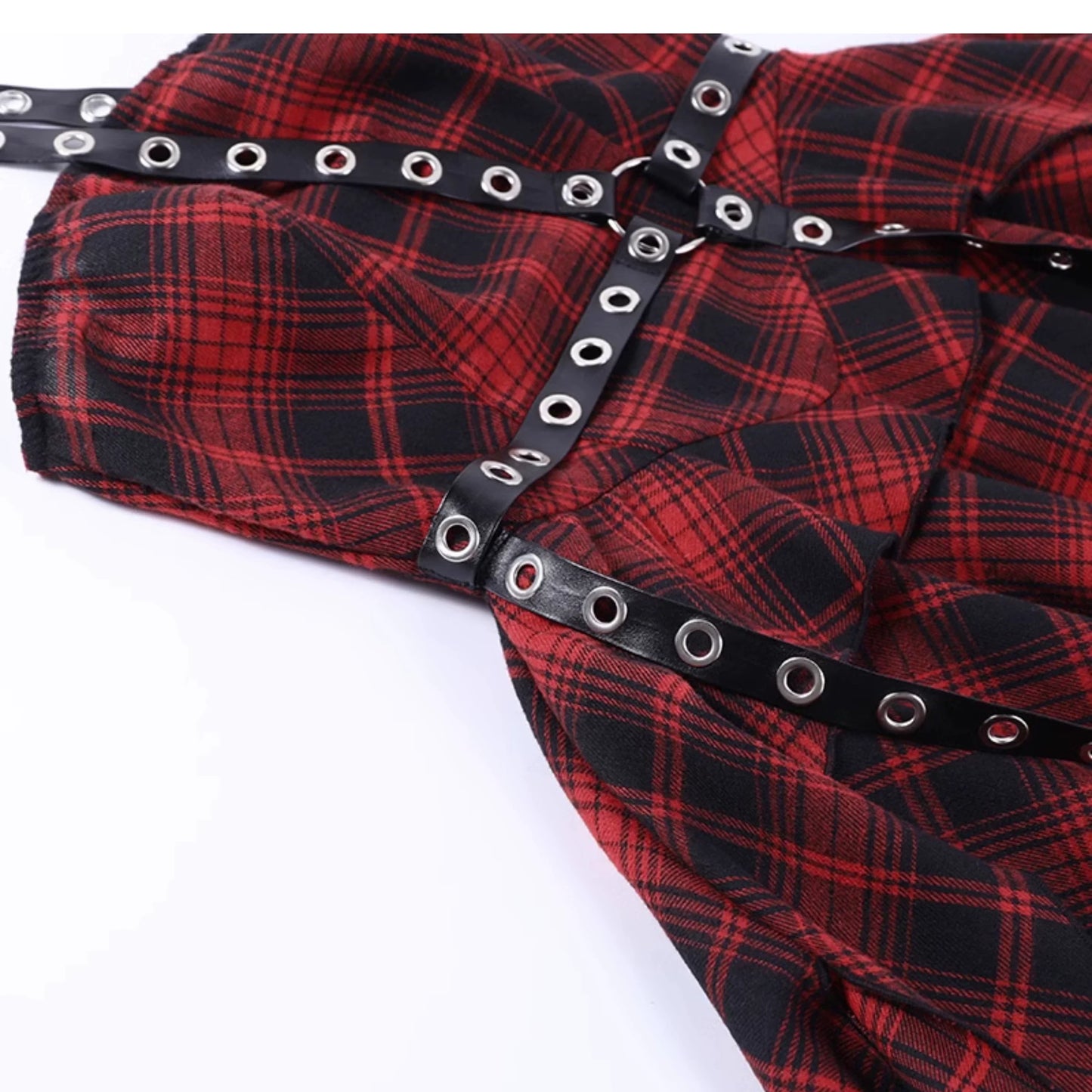 Wannathis Punk Tartan Mini Dress - Red Plaid Ruffle Tiered Goth Dress With Studded Harness