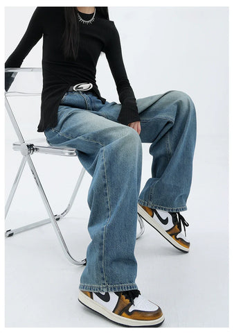 Blue Retro Loose Straight-Leg High-Waist Floor-Length Jeans