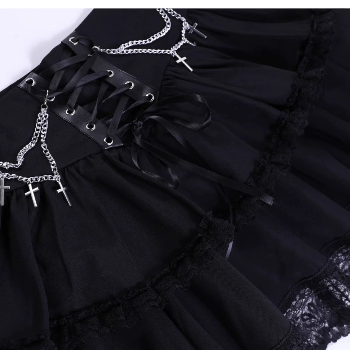 Wannathis Gothic Lolita Mini Skirt - Black Tiered Ruffle With Lace-Up Waist And Cross Chains