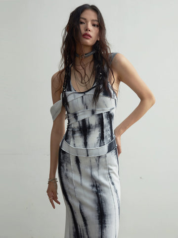 Elegant Tie-Dye Maxi Dress With Slim Straps