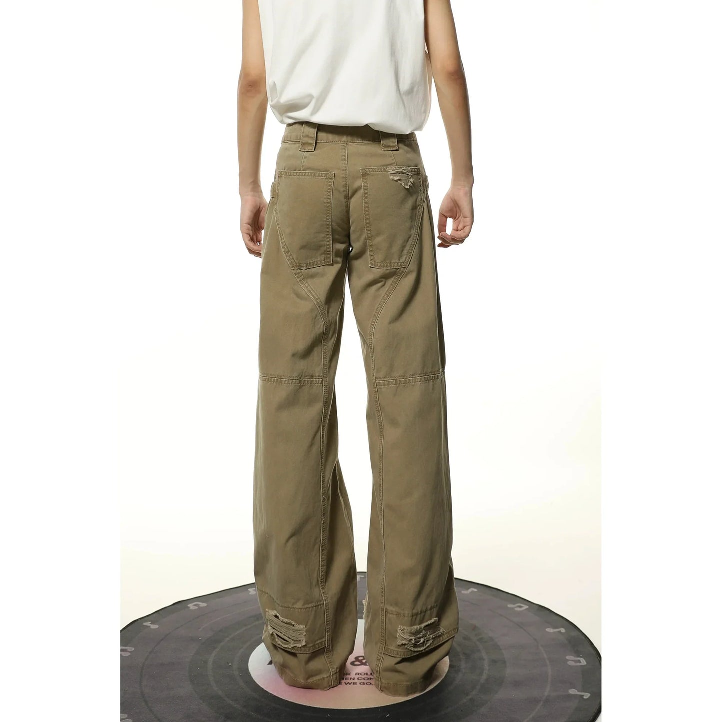 Wide-Leg Khaki Cargo Pants with Distressed Hem