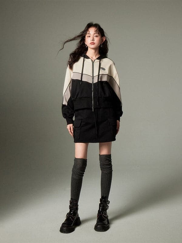 Sporty Zip-Up Hoodie & Flared Skirt