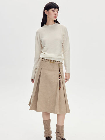 Beige Pleated Midi Skirt With Wide Belt - Wool Blend A-Line Winter Skirt