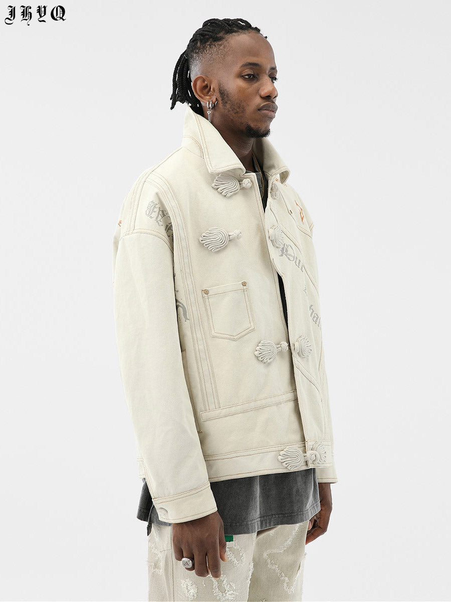 Short Jacket With Coil Buckle Lapel And Embroidery