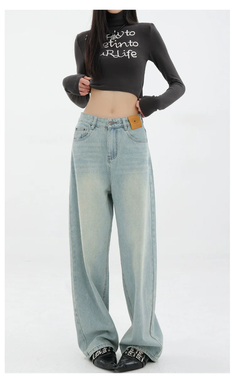 Blue Retro Loose Straight-Leg High-Waist Floor-Length Jeans