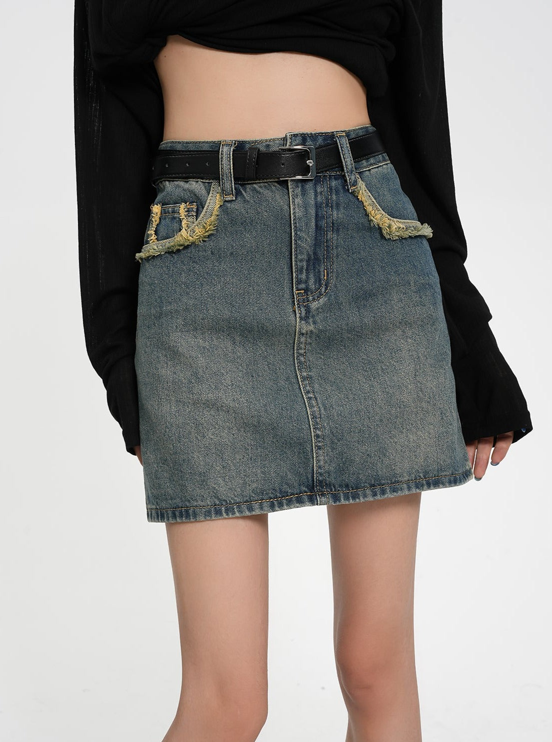 Vintage-Inspired Denim Mini Skirt - Two-Tone Patchwork Jean Skirt with Raw Hem