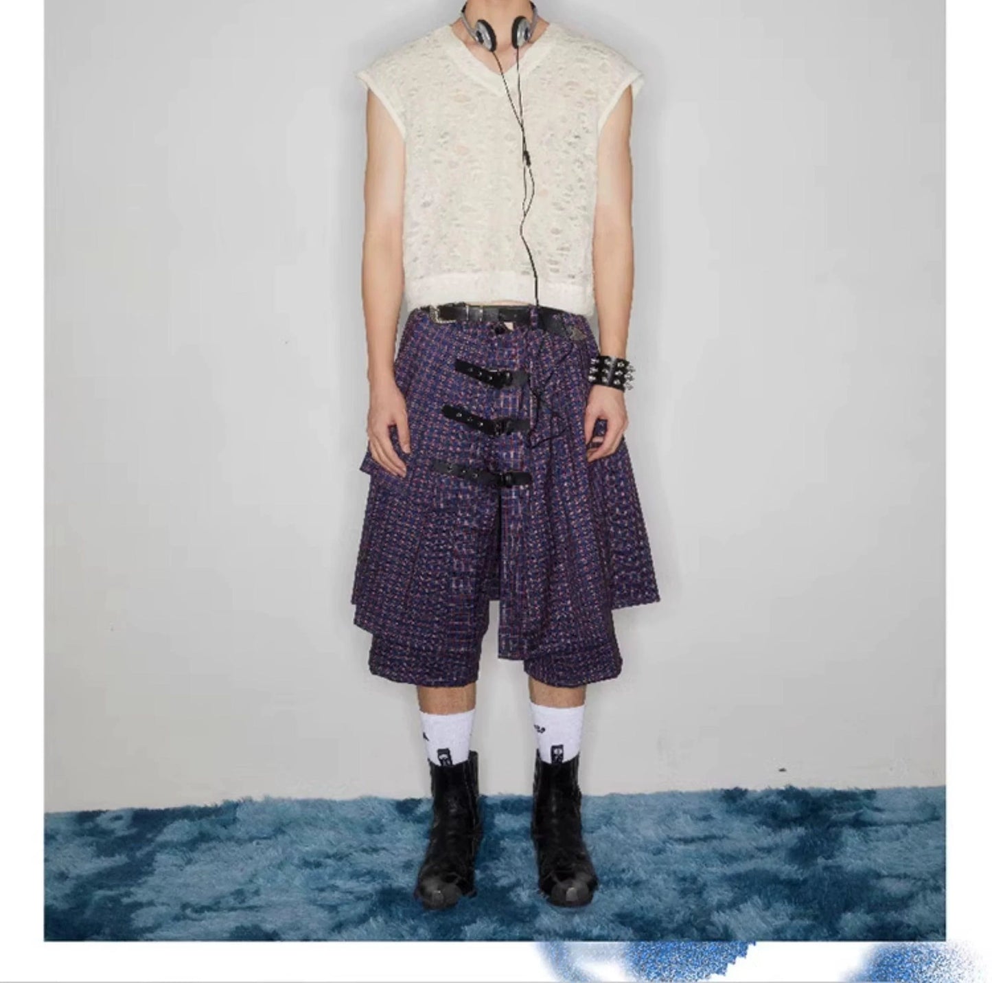 Plaid Buckle-Front Layered Unisex Skort