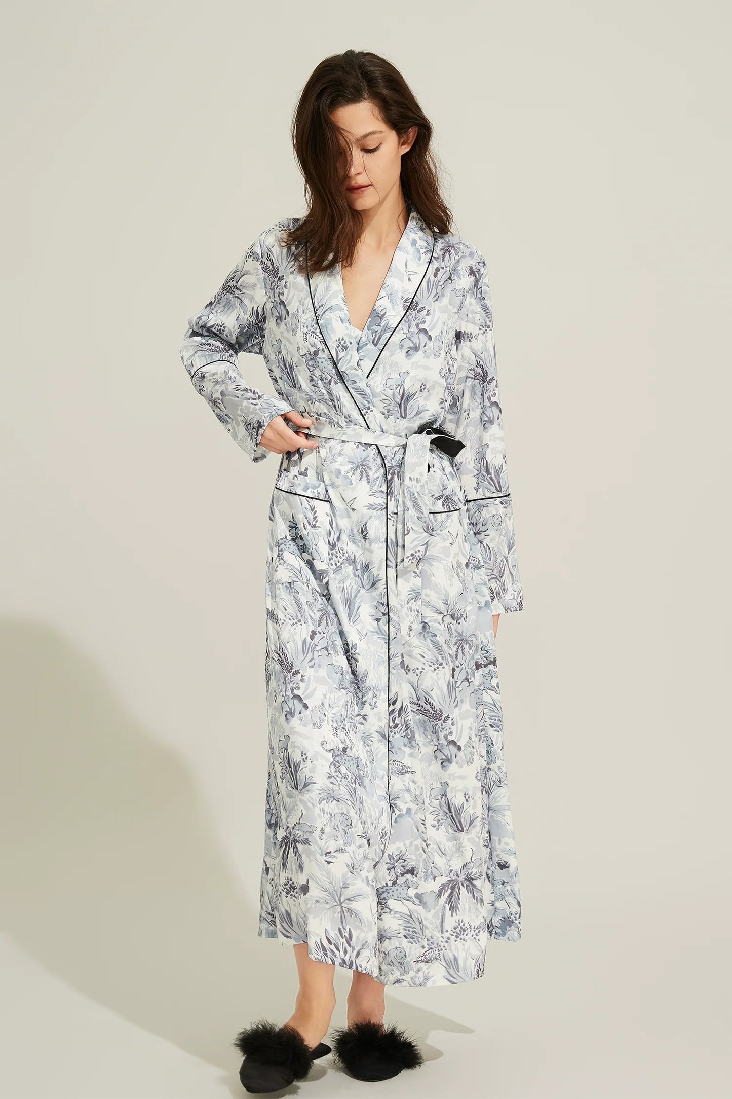 Silk Thin Long Robe With Tie Waist Sleepwear