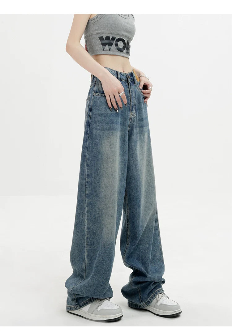 Blue Retro Loose Straight-Leg High-Waist Floor-Length Jeans