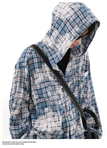 Mrnearly Distressed Plaid Hooded Overshirt - Unisex Grunge-Inspired Outerwear