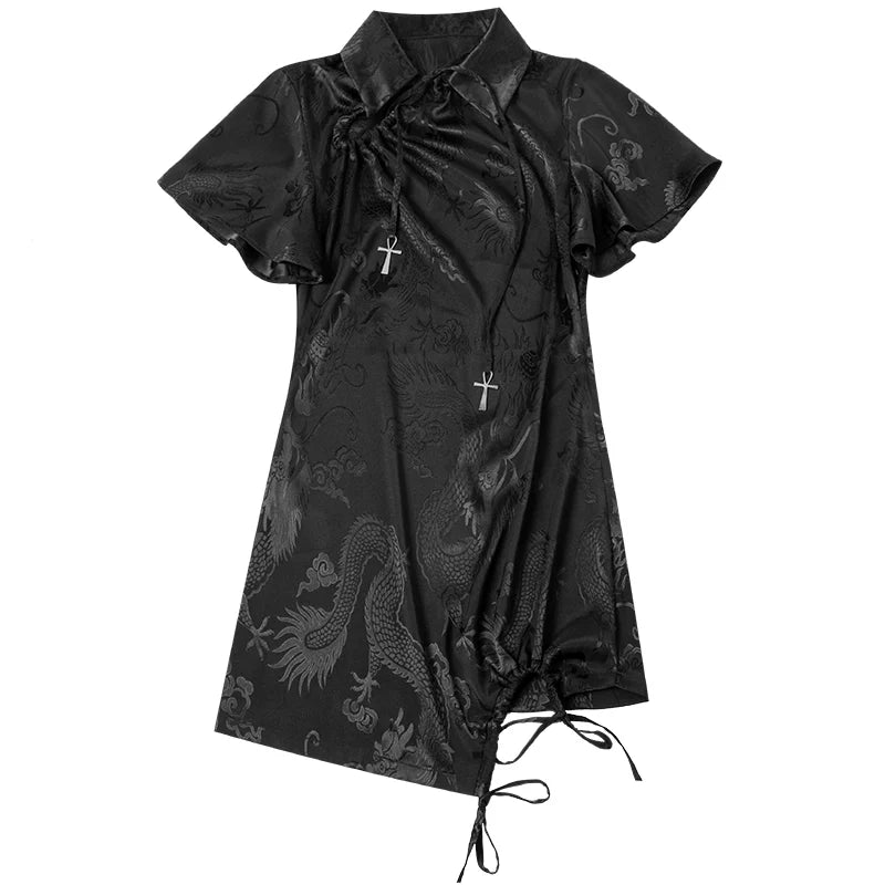 Yubaby Gothic Cheongsam Mini Dress - Black Satin With Dragon Print, Cross Charms, And Asymmetric Hem