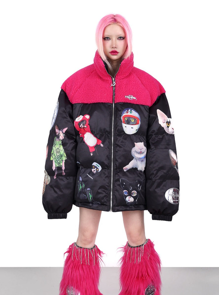 PINKSPINK Quirky Animal Collage Puffer Jacket - Black and Hot Pink