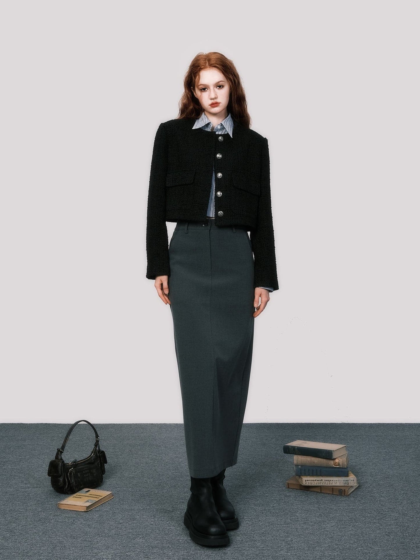 Sleek No-Collar Tweed Short Jacket