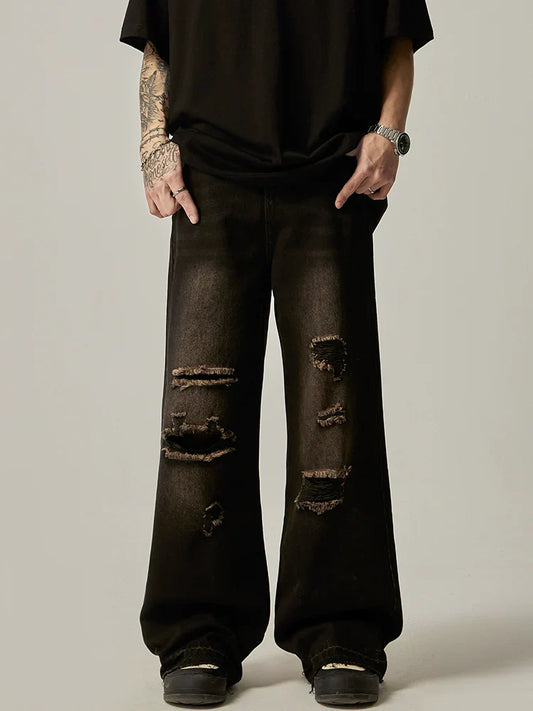 Distressed Wide-Leg Charcoal Denim Jeans