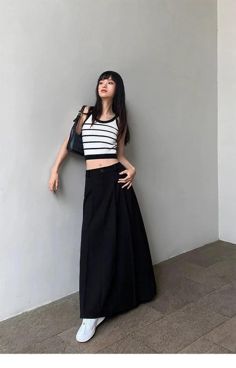 Summer Black High-Waisted Pleated Midi Skirt