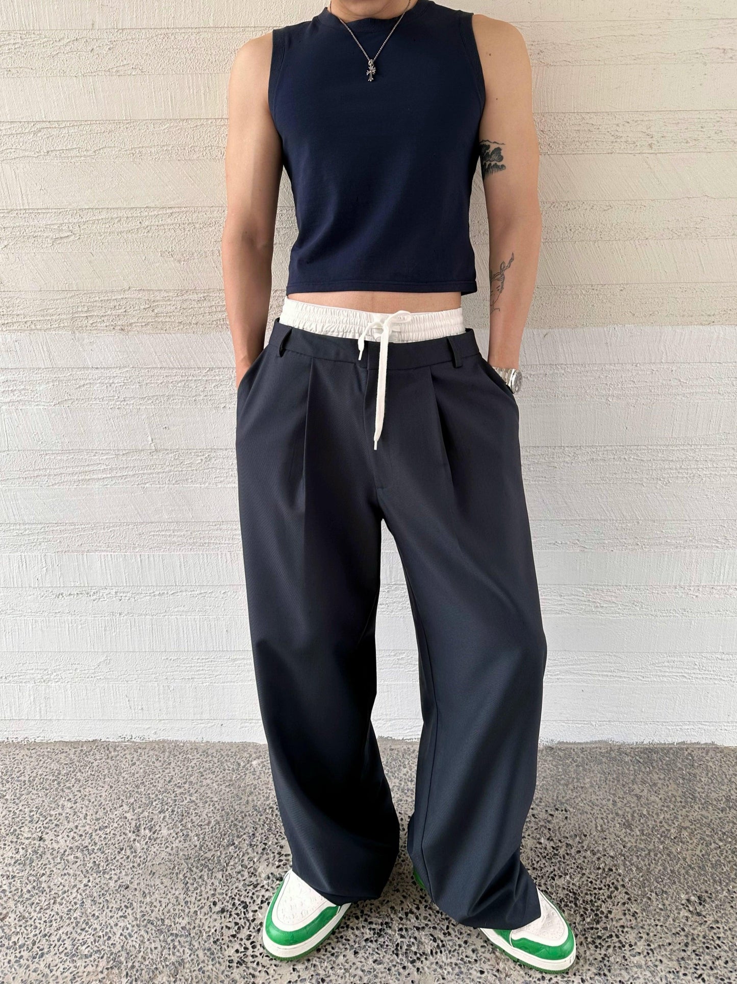 Weave Studio Navy Wide Leg Trousers - Women'S Elastic Waist Drawstring Pants With Pleated Front