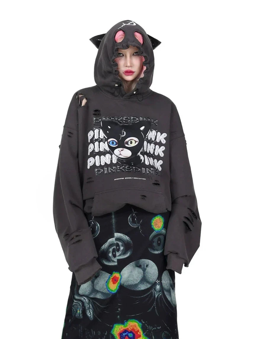 PINKSPINK Punk Cat Masked Hoodie - Dark Grey