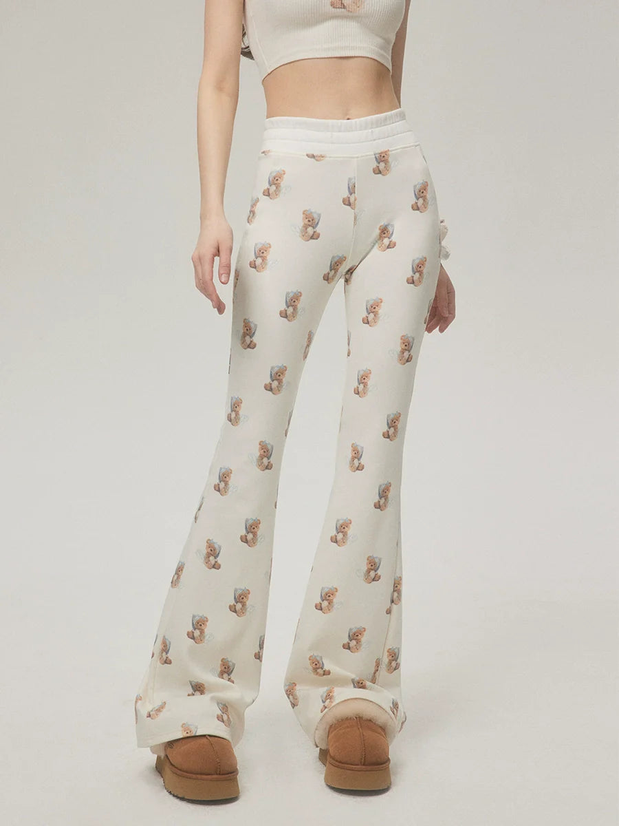 Trendy Bear Print Casual Pants With Subtle Flare Leg