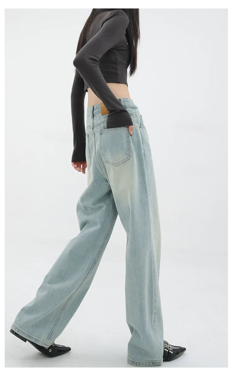 Blue Retro Loose Straight-Leg High-Waist Floor-Length Jeans