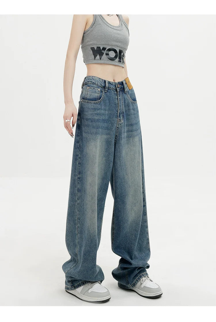 Blue Retro Loose Straight-Leg High-Waist Floor-Length Jeans