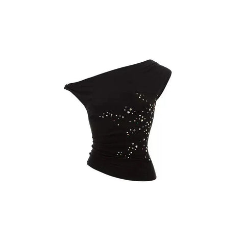 1Jinn One-Shoulder Rhinestone Embellished Tank Top - Women'S Fitted Asymmetrical Sparkle Shirt