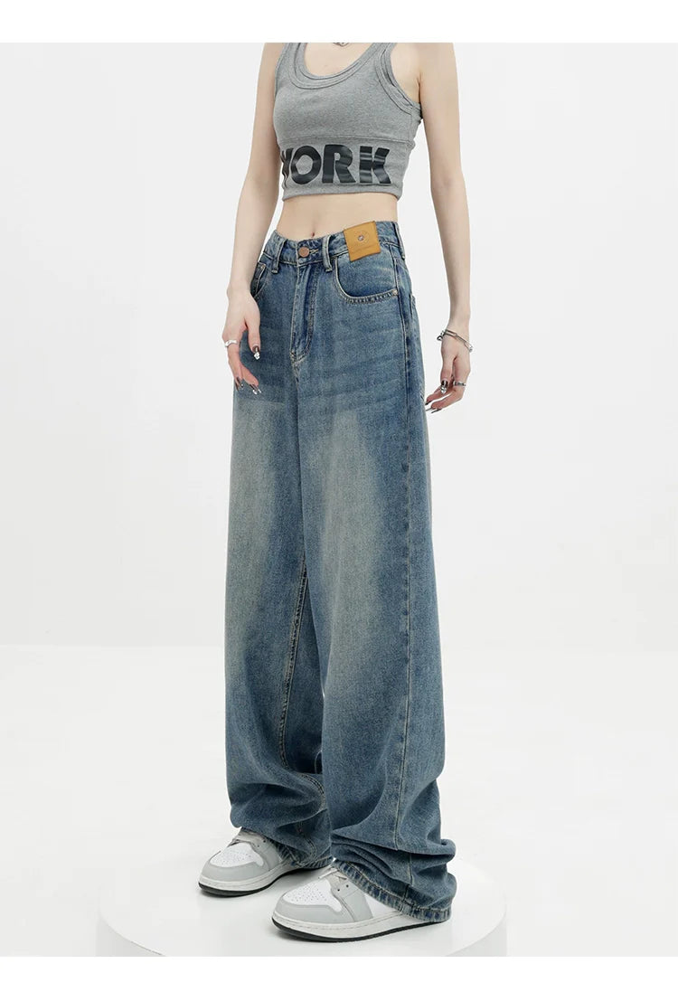 Blue Retro Loose Straight-Leg High-Waist Floor-Length Jeans