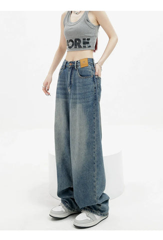 Blue Retro Loose Straight-Leg High-Waist Floor-Length Jeans